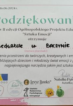 Podziękowanie  dla Przedszkola- Ogólnopolski Projekt Edukacyjny 