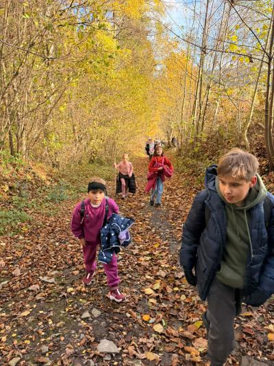 Uczniowie spacerują wśród drzew.