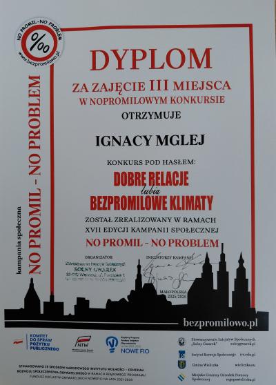 Dyplom dla Ignacego za udział w konkursie 