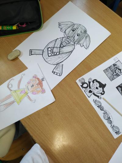 Rysunek słonia i małpki Iwony.